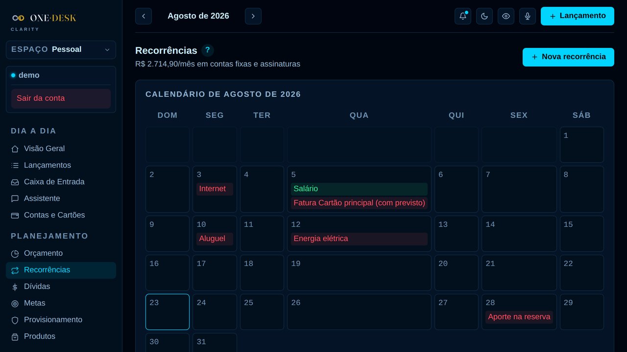 Tela real de Recorrências do Clarity Desk com calendário do mês e contas fixas demonstrativas.